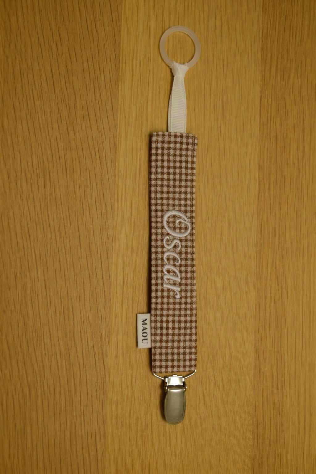 PACIFIER CLIP BROWN GINGHAM