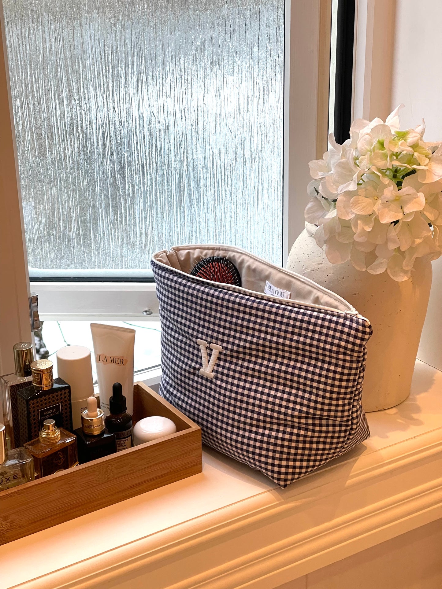 NAVY GINGHAM TALL TRAVEL BAG