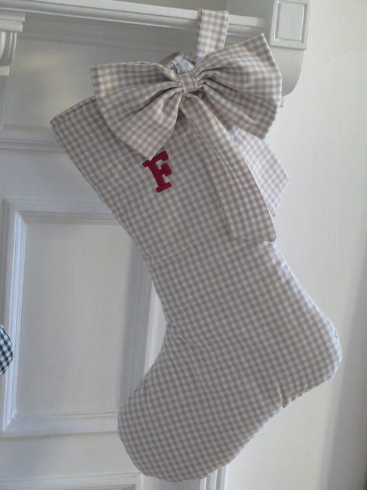 BEIGE GINGHAM CHRISTMAS STOCKING