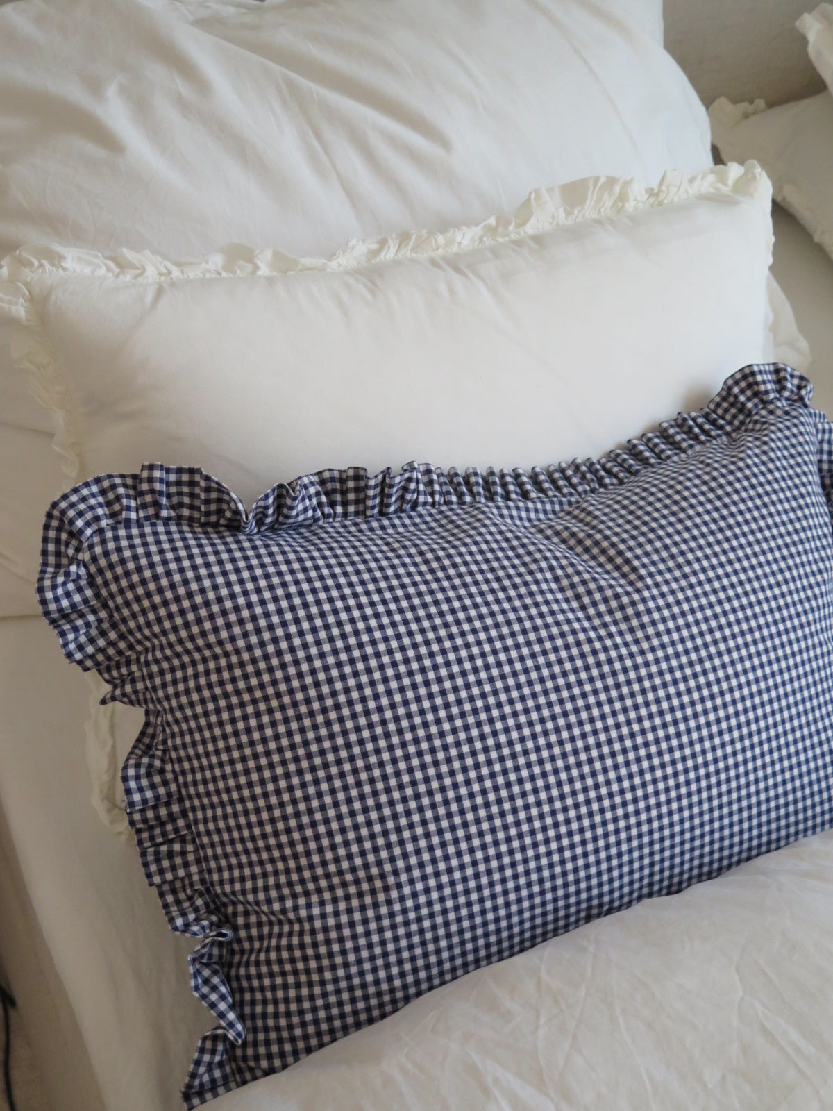 NAVY GINGHAM RUFFLED PILLOWCASE
