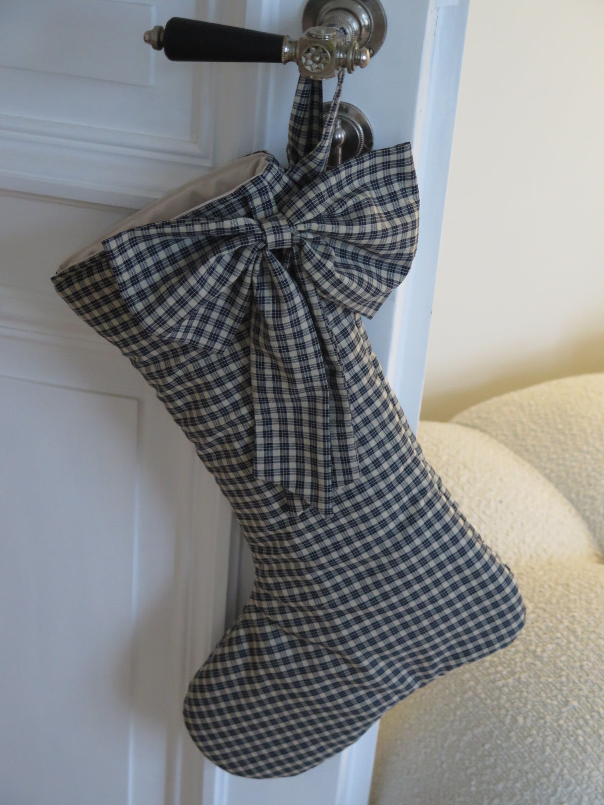 WINTER COTTAGE NAVY PLAID CHRISTMAS STOCKING