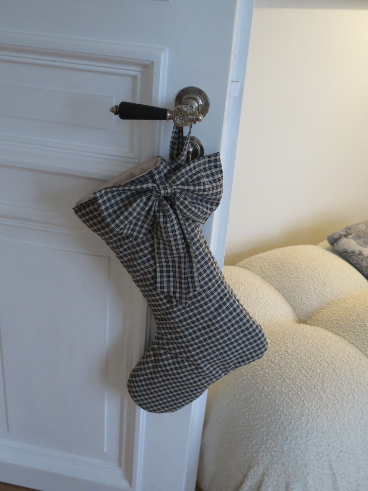 WINTER COTTAGE NAVY PLAID CHRISTMAS STOCKING