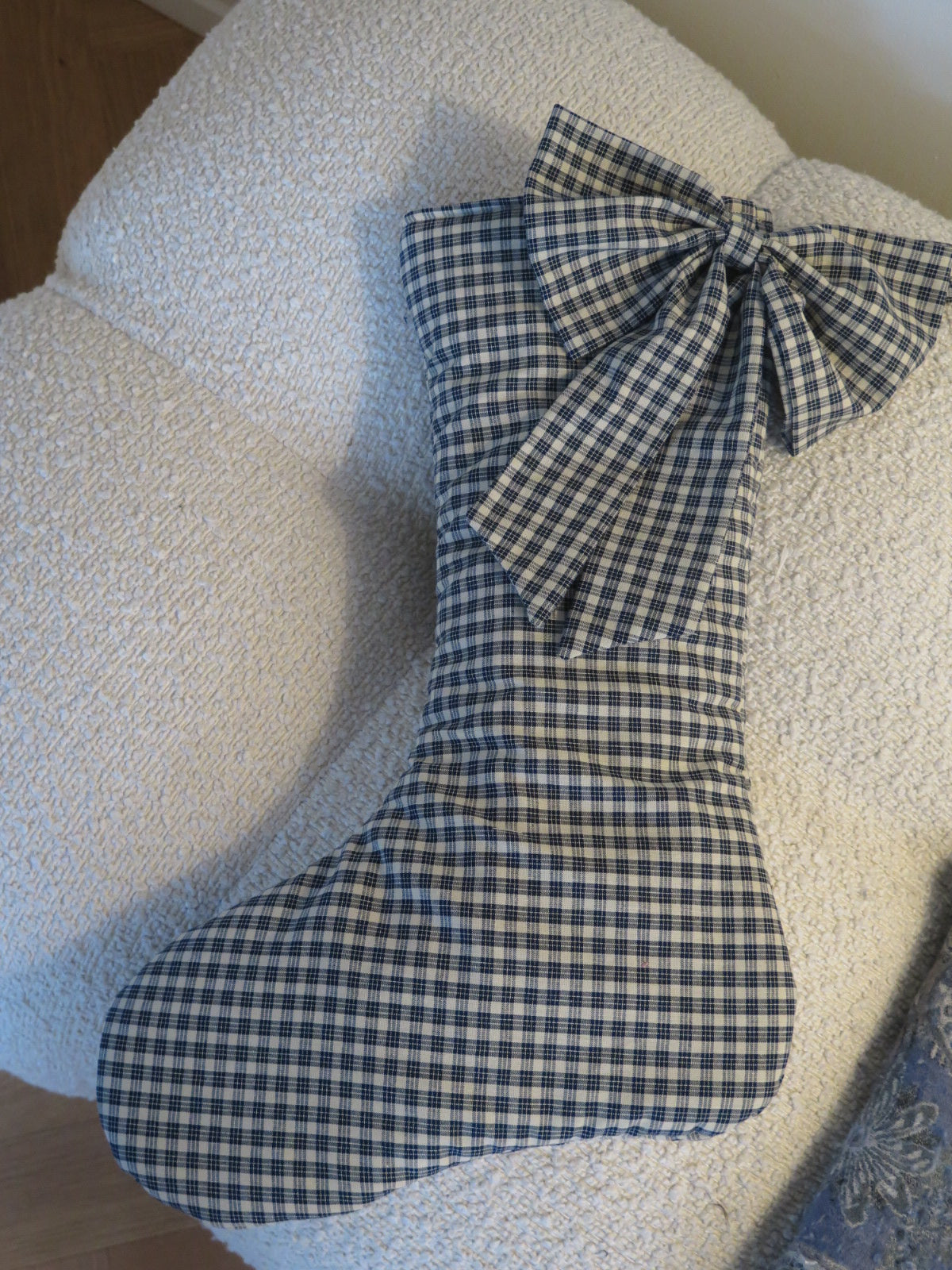 WINTER COTTAGE NAVY PLAID CHRISTMAS STOCKING