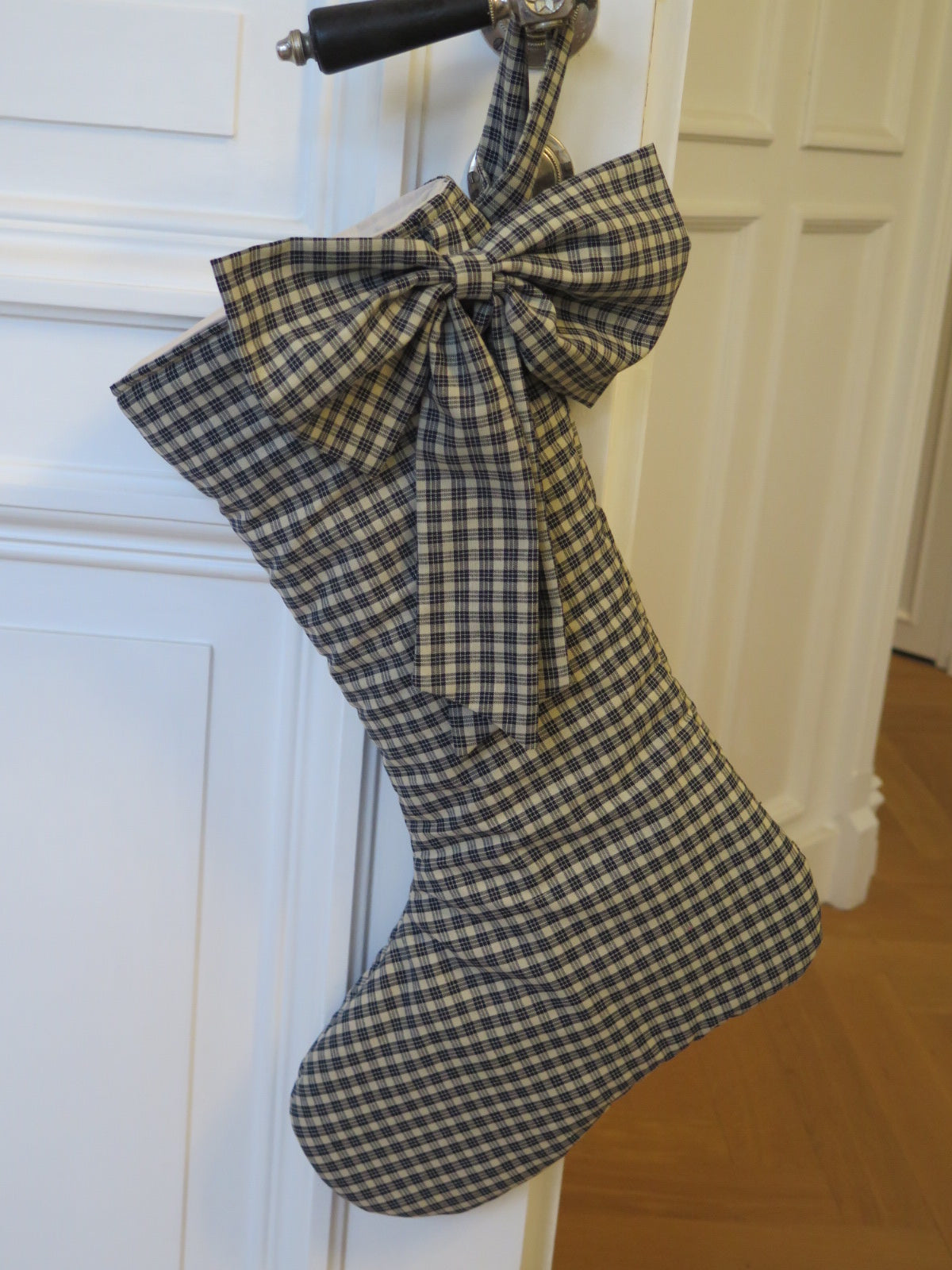 WINTER COTTAGE NAVY PLAID CHRISTMAS STOCKING