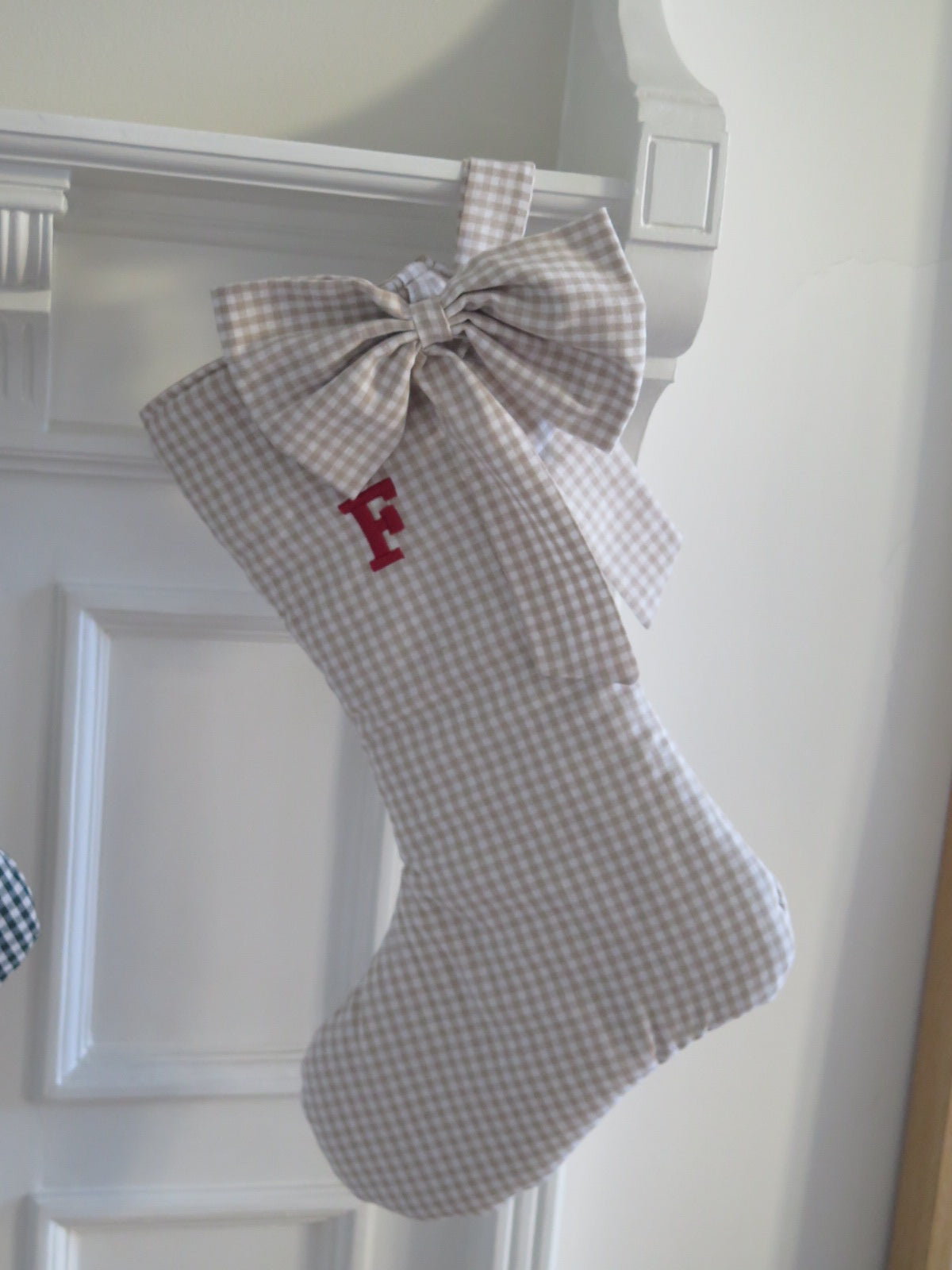 BEIGE GINGHAM CHRISTMAS STOCKING